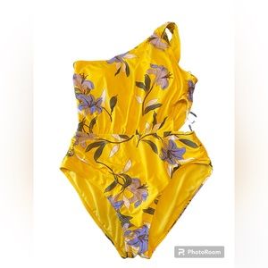 Jones New York NWT Yellow Floral Print One Shoulder Cutout One Piece Swimsuit